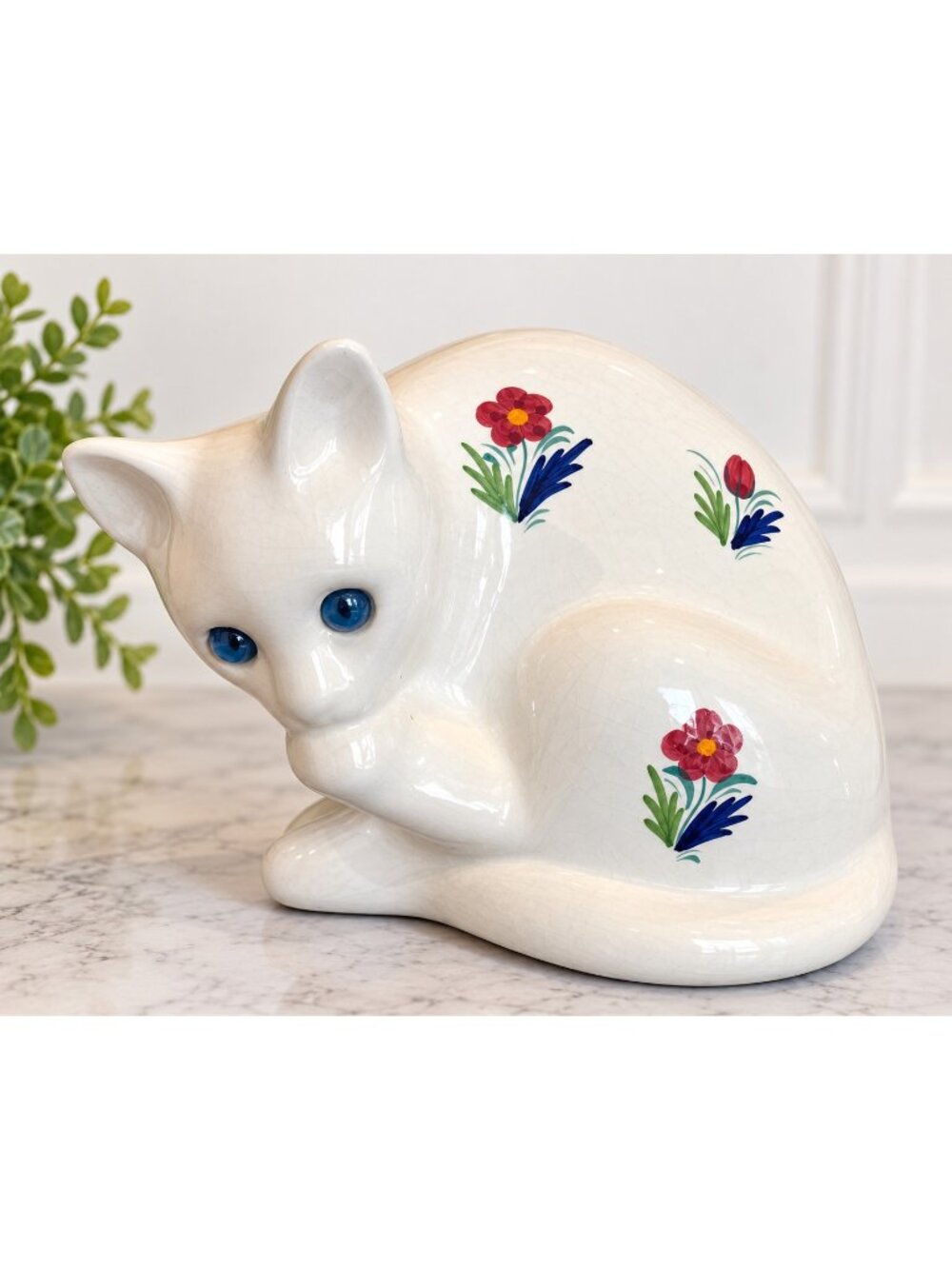 Vintage ELPA Alcobaca Portugal Ceramic Cat Blue Glass Eyes Floral Folk Art 9"